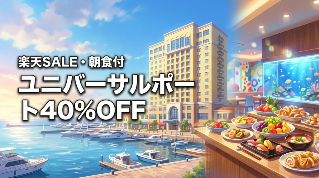 ホテルユニバーサルポートが40％OFF！楽天スーパーSALE朝食ビュッフェ付き予約は10/1まで